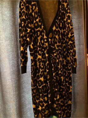 Woman Within Cheetah Print Black and Gold Knit Long Cardigan